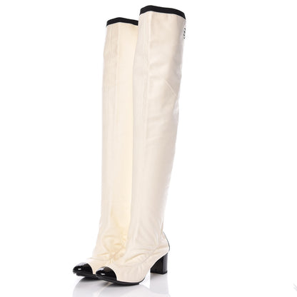 Chanel Lambskin Patent Cap Toe Over the Knee Boots 37.5 White 3 of 18