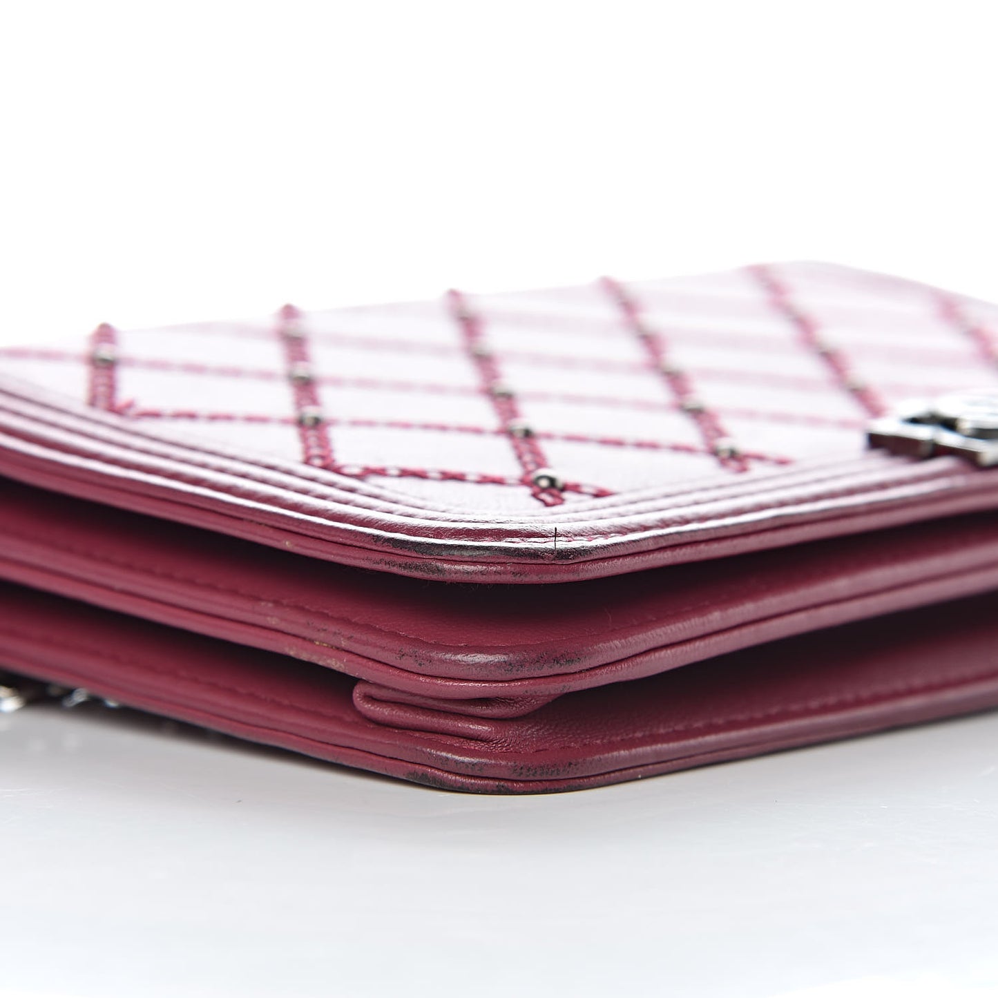 Calfskin Studded Quilted Boy Wallet On Chain WOC Dark Pink