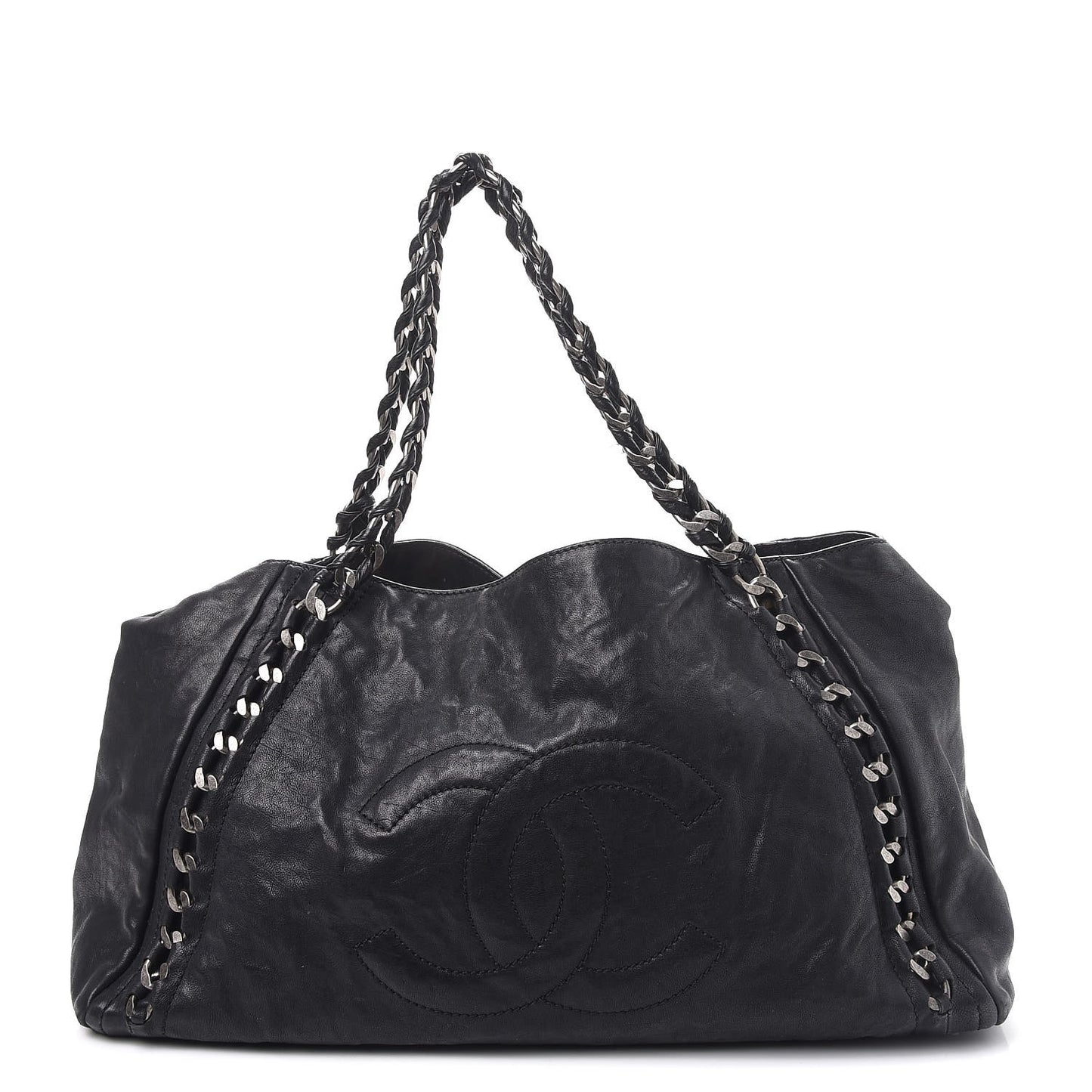 Glazed Calfskin East West Modern Chain Tote Black