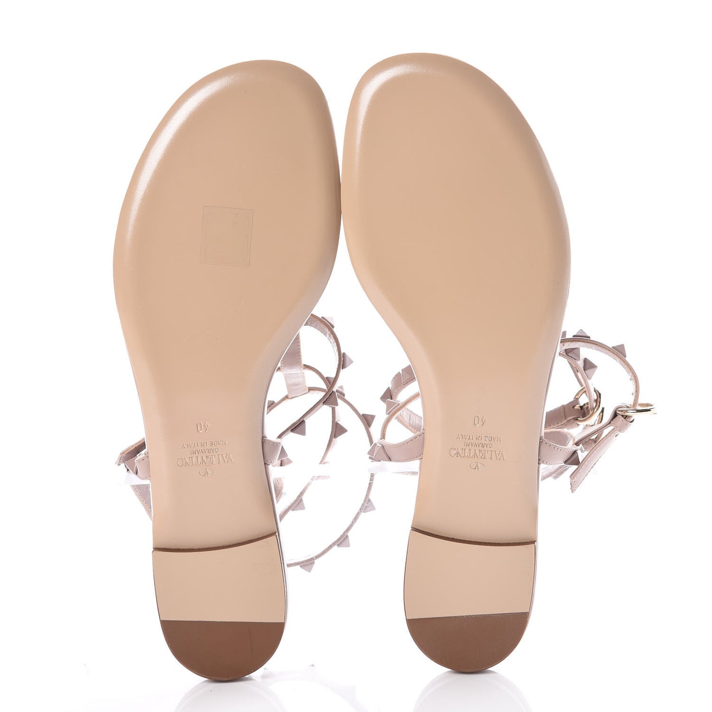 Calfskin Monochrome Rockstud Ankle Wrap Flat Thong Sandals 40 Poudre