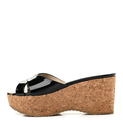 Jimmy Choo Patent Prima Cork Wedge Sandals 36.5 Black 1 of 8
