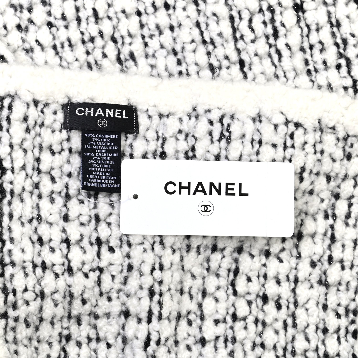 Chanel Cashmere Silk CC Scarf Black White 4 of 5