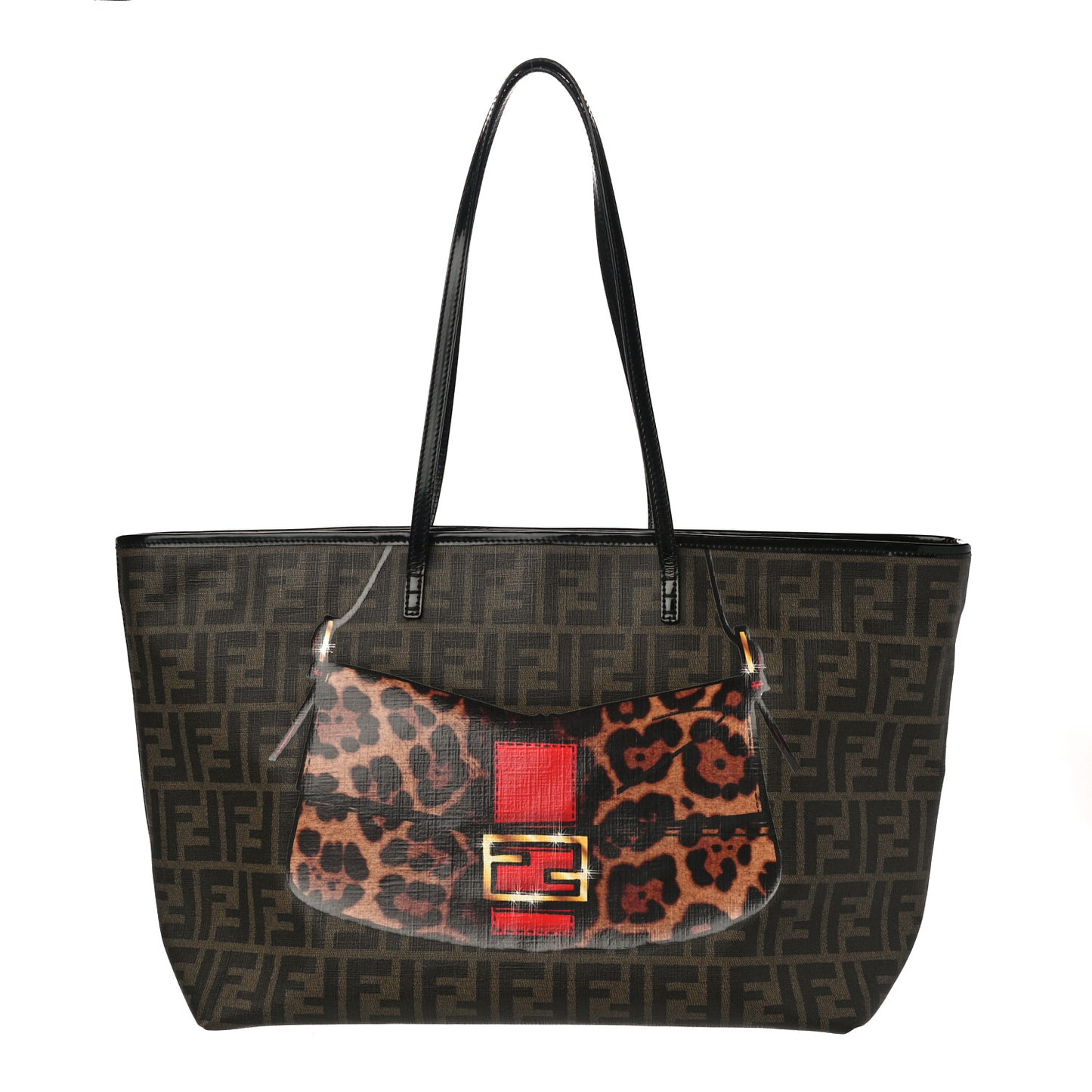 Zucca Spalmati Patent Baguette Print Medium Roll Tote Tobacco