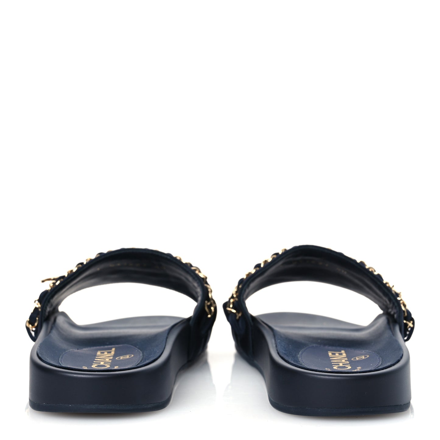 Satin Canvas Chain Slides Sandals Flats 40 Marine
