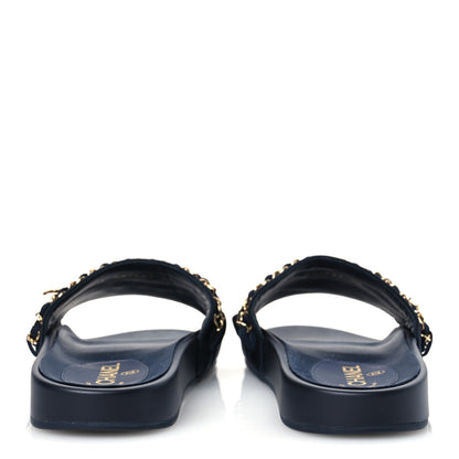 Chanel Satin Canvas Chain Slides Sandals Flats 40 Marine 6 of 12