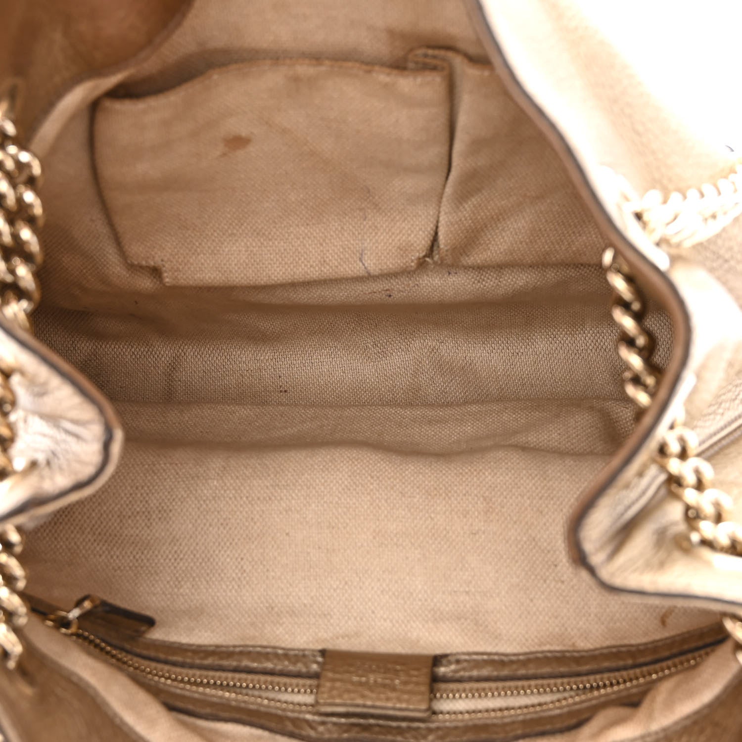Gucci Metallic Pebbled Calfskin Medium Soho Chain Shoulder Bag Golden Beige 5 of 14