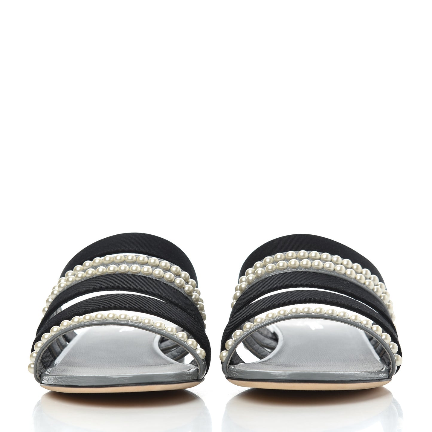Patent Grosgrain CC Pearl Mules 38 Grey Black