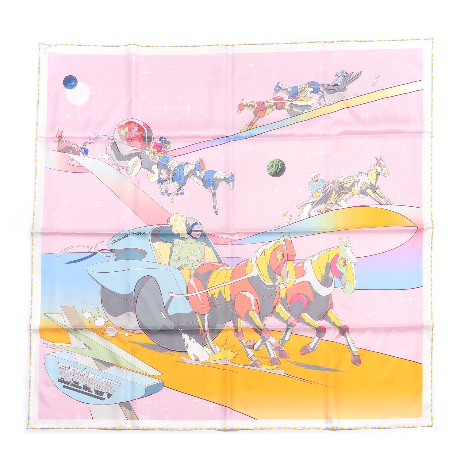 Hermes Silk Space Derby Scarf 90 Rose Pale Ciel Jaune 1 of 4