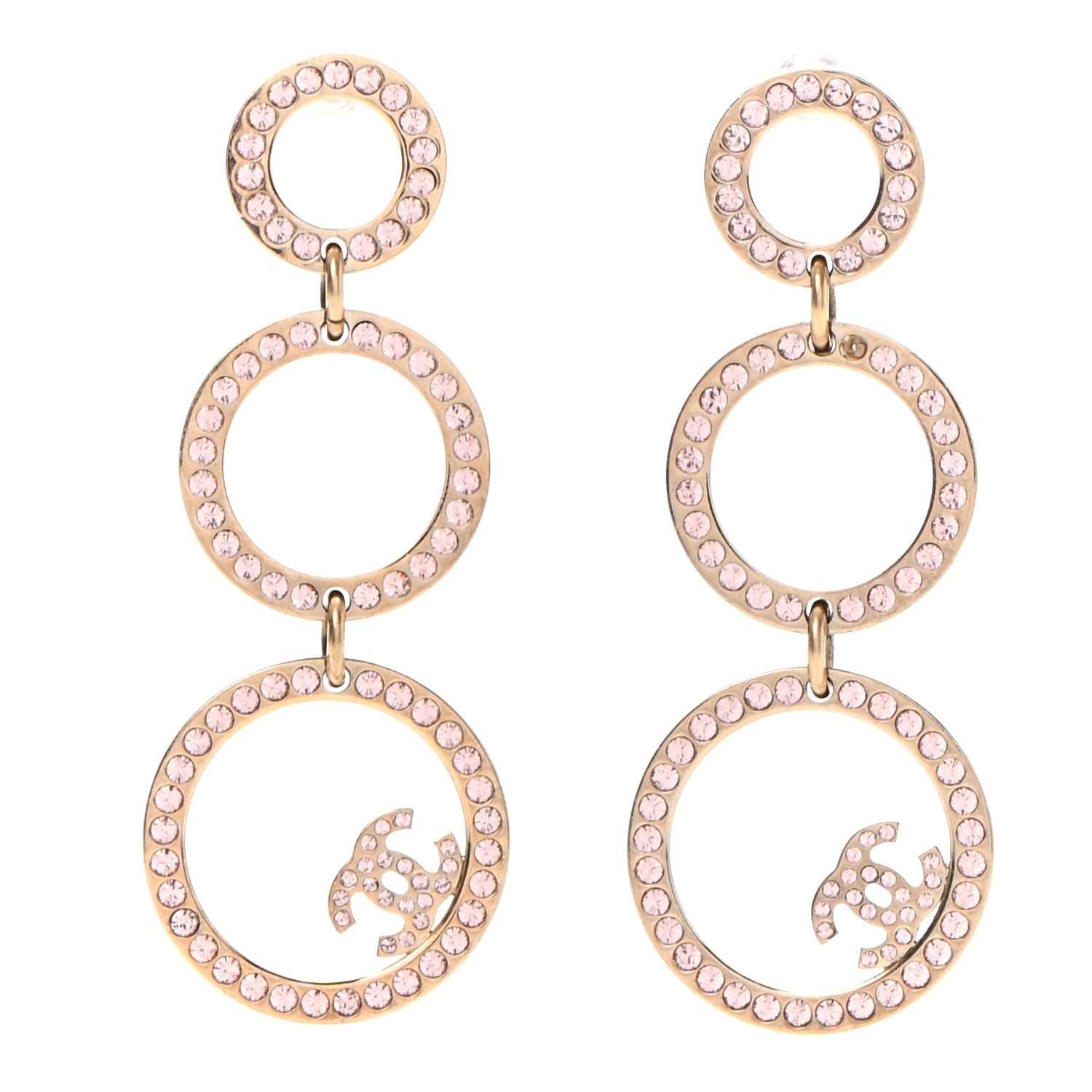 Chanel Crystal CC Hoop Drop Earrings Gold Pink 1 of 6