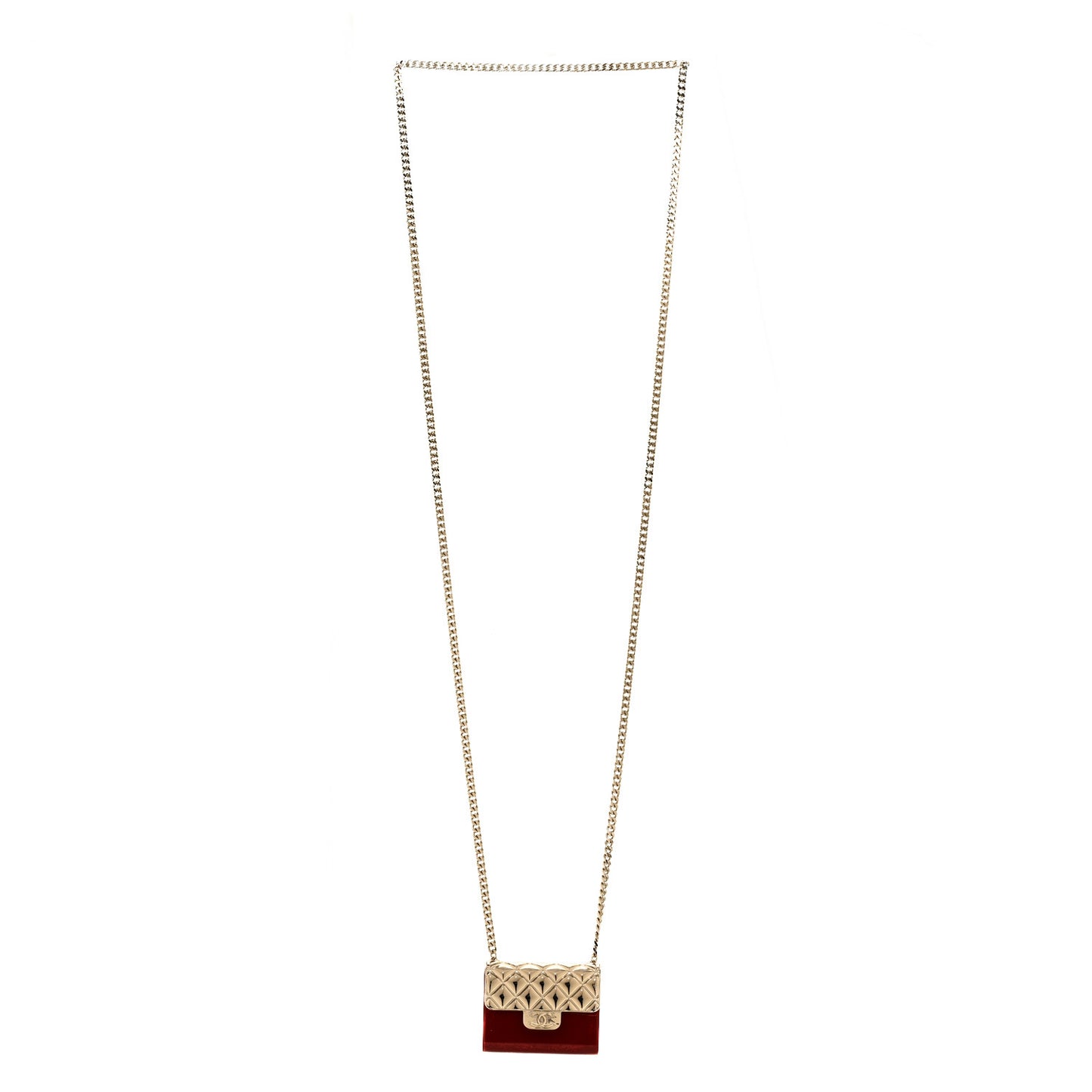Metal Resin Lambskin Flap Bag Long Necklace Gold Red