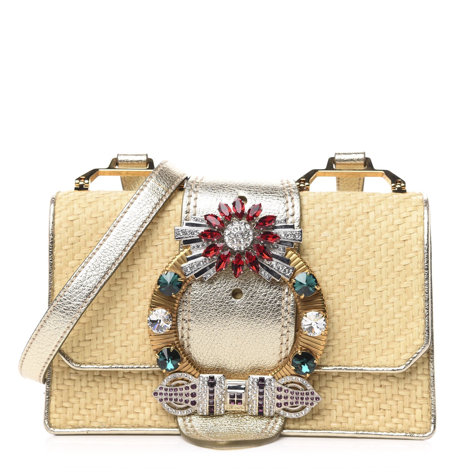Miu Miu Raffia Madras Crystal Embellished Lady Shoulder Bag Naturale Pirite 1 of 10