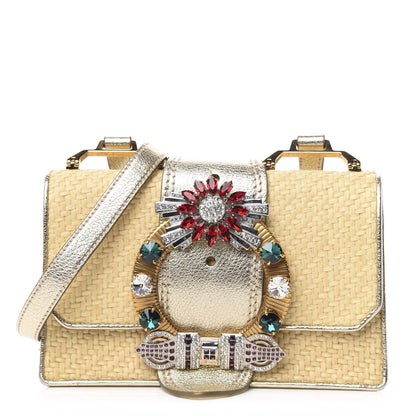 Miu Miu Raffia Madras Crystal Embellished Lady Shoulder Bag Naturale Pirite 1 of 10