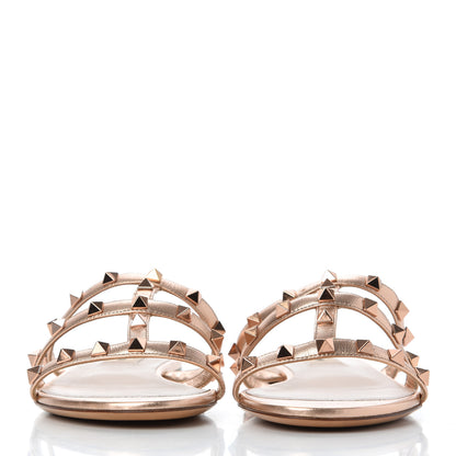 Valentino Garavani Metallic Nappa Rockstud Caged Flat Slide Sandals 38 Rame 2 of 17