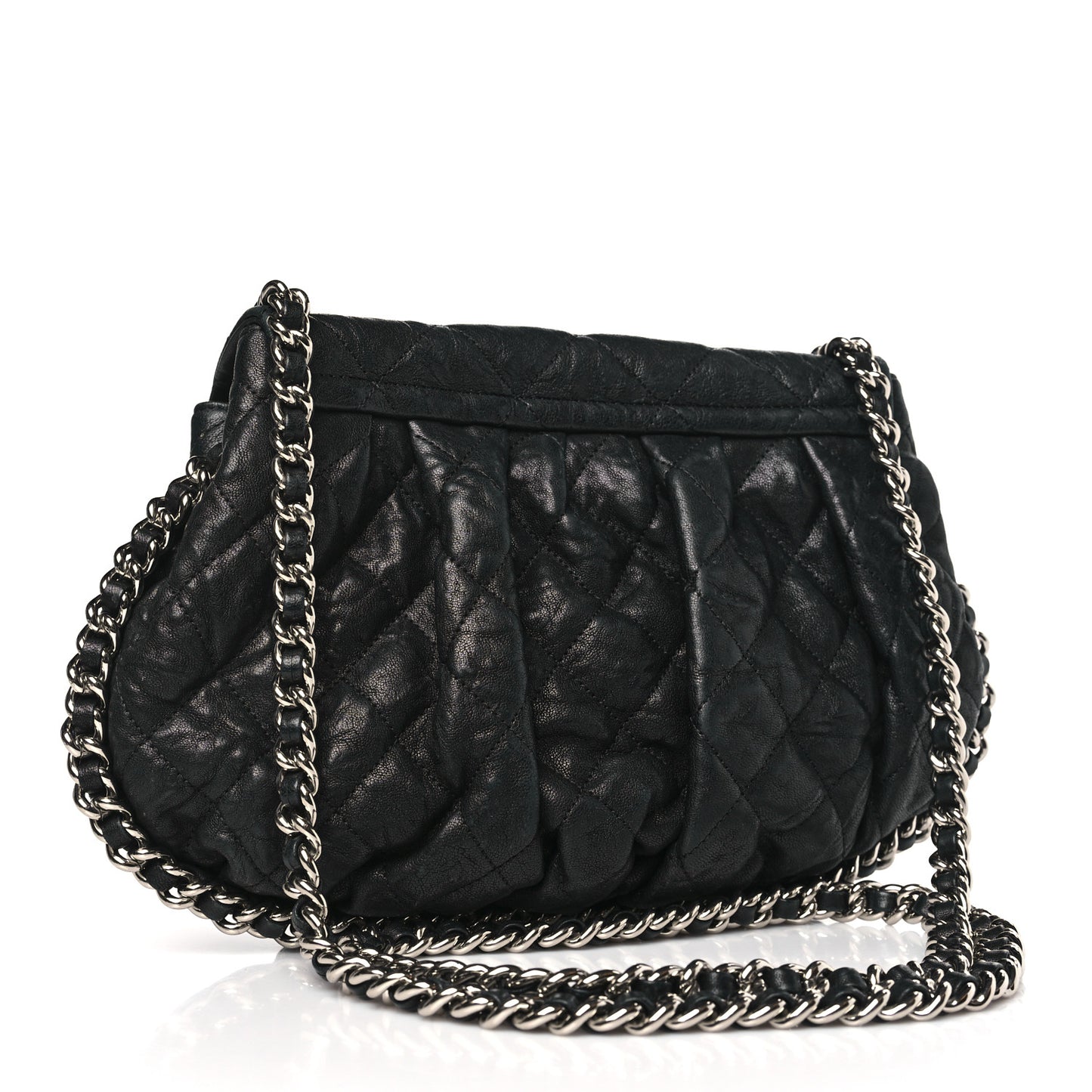 Washed Lambskin Quilted Chain Around Flap Black