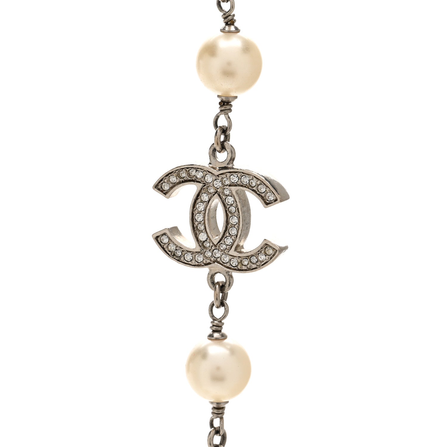 Chanel Graduated Pearl Crystal CC Long Necklace Silver 5 of 6