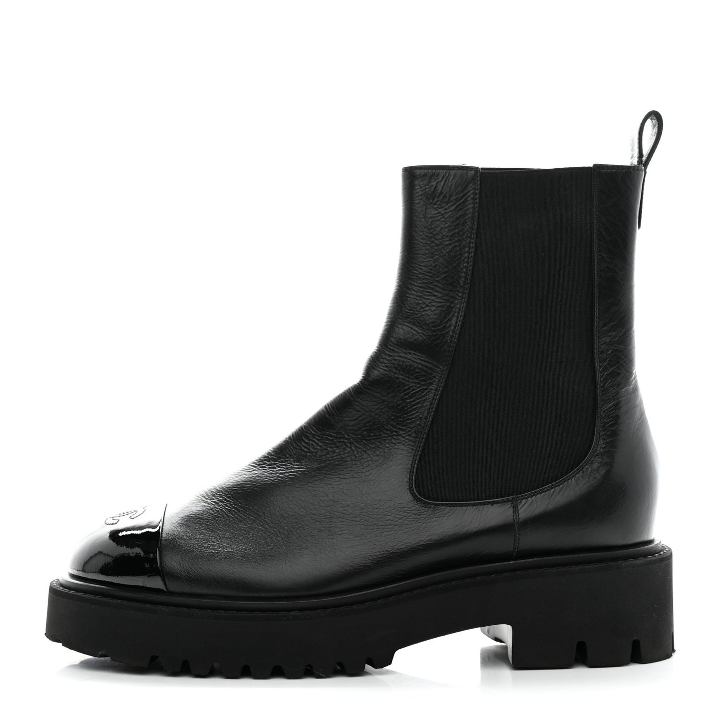 Crumpled Calfskin Patent Cap Toe Short Boots 41 Black