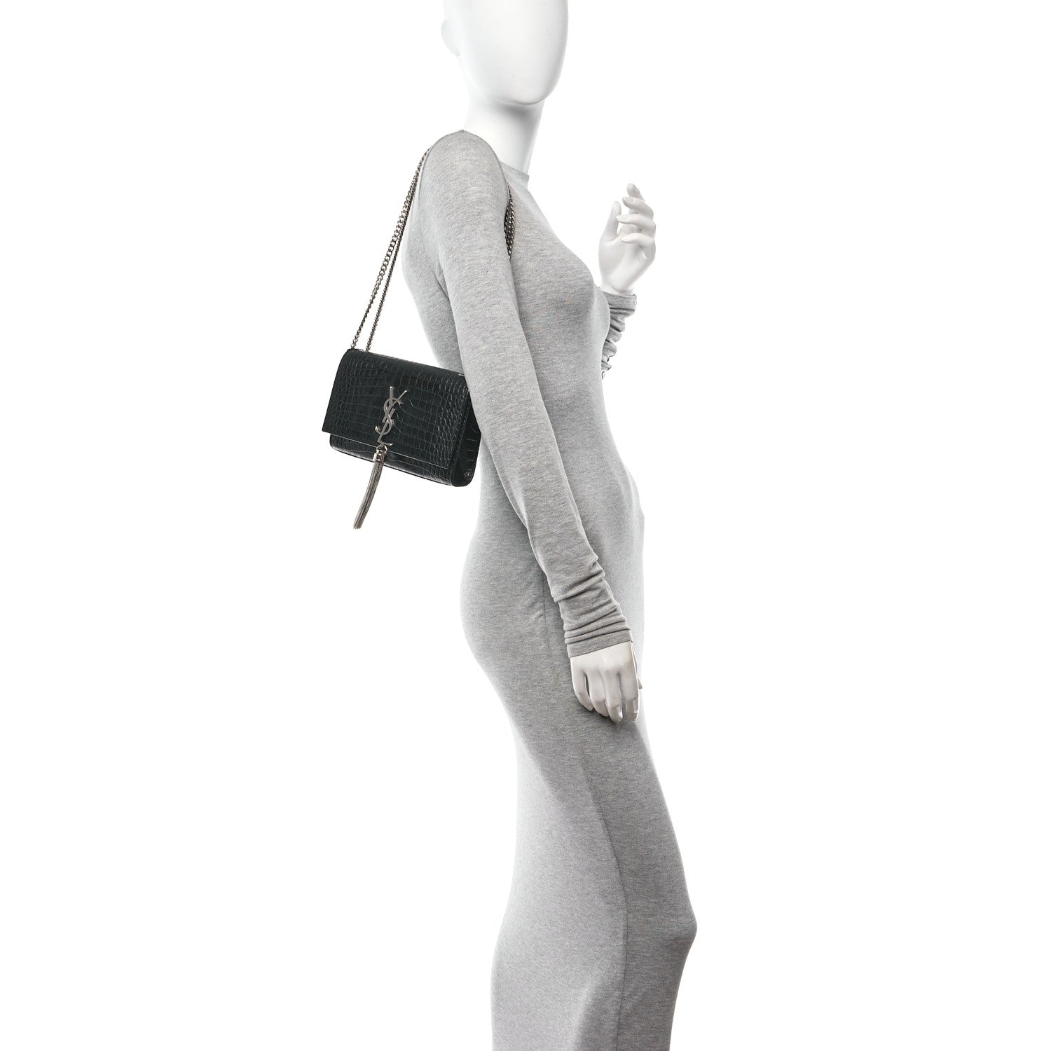 Saint Laurent Calfskin Crocodile Embossed Small Classic Monogram Kate Tassel Satchel Black 2 of 12