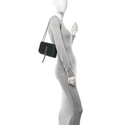 Saint Laurent Calfskin Crocodile Embossed Small Classic Monogram Kate Tassel Satchel Black 2 of 12