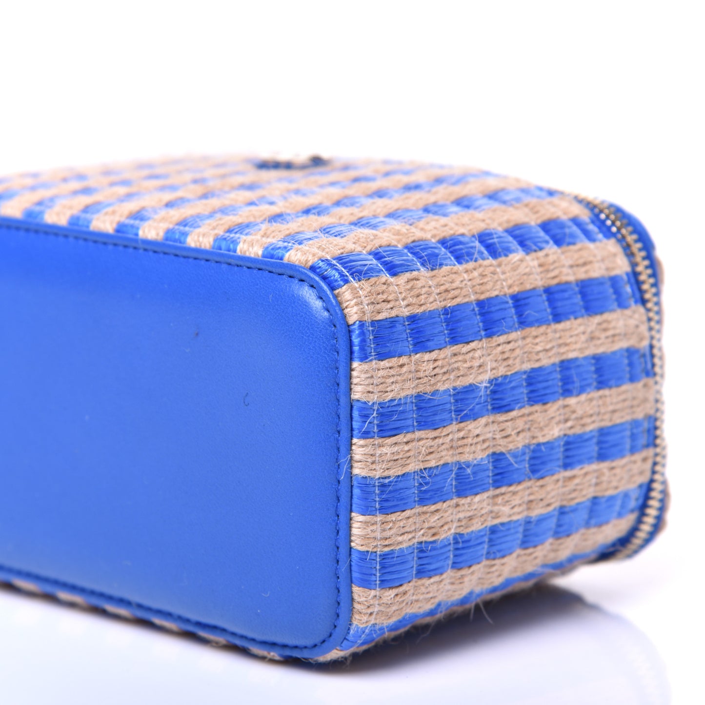 Raffia Jute Striped Small Vanity Case With Chain Blue Beige