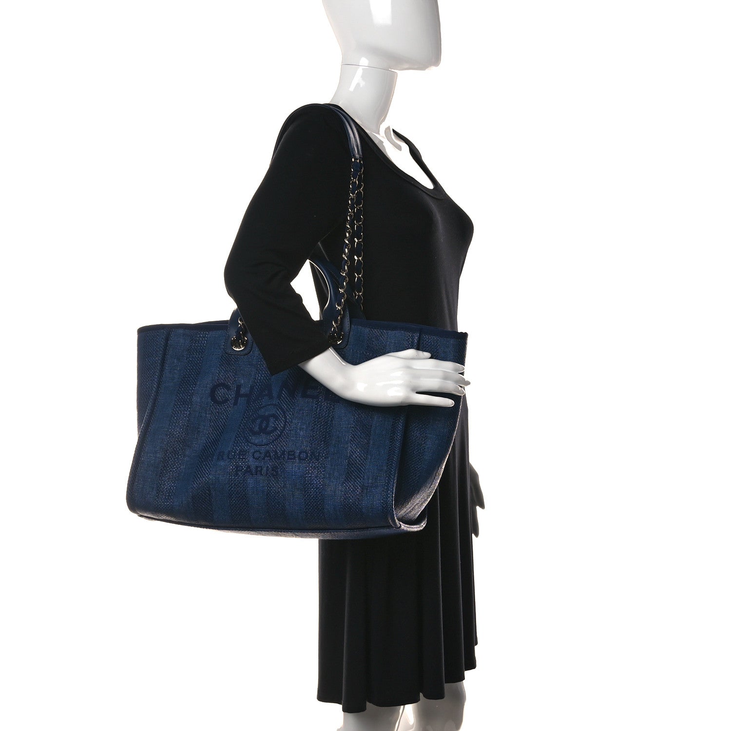 Chanel Woven Straw Raffia Striped Medium Deauville Tote Navy Blue 2 of 14