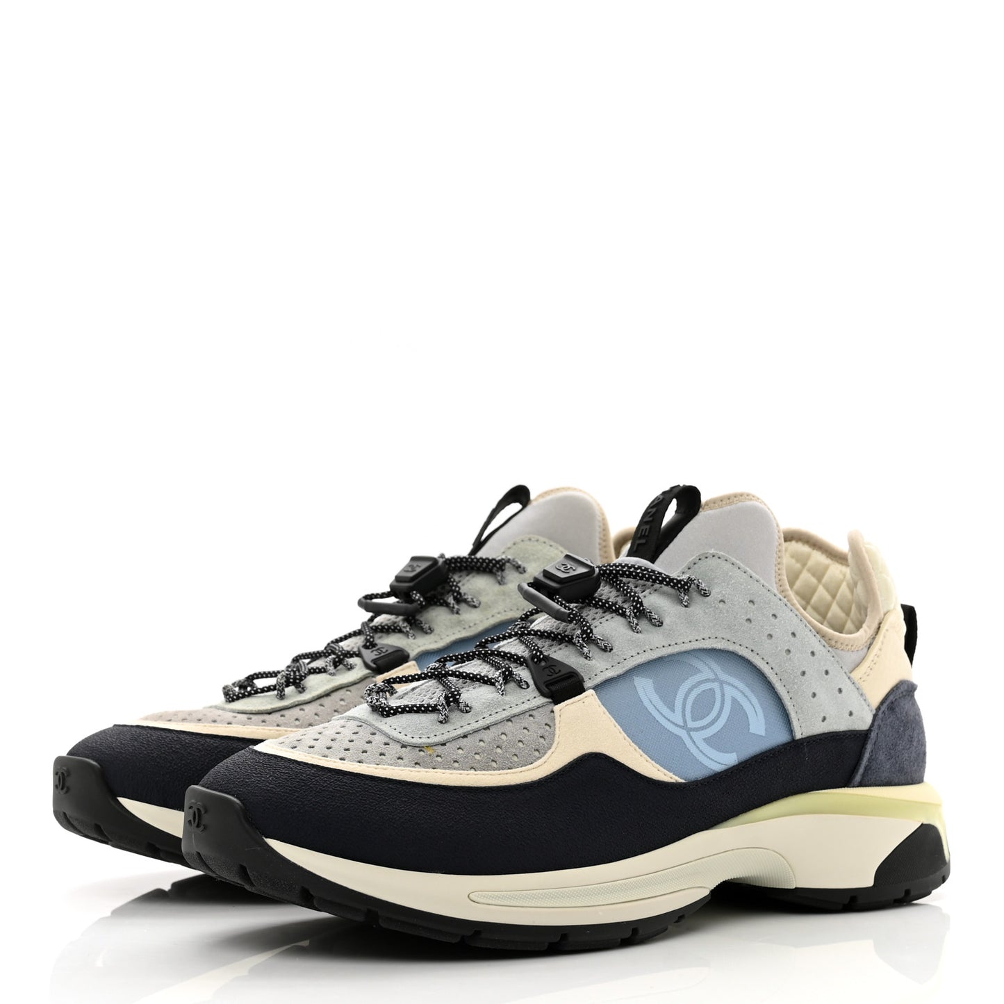 Fabric Suede Calfskin Mesh Womens CC Sneakers 43 Black Blue Ivory