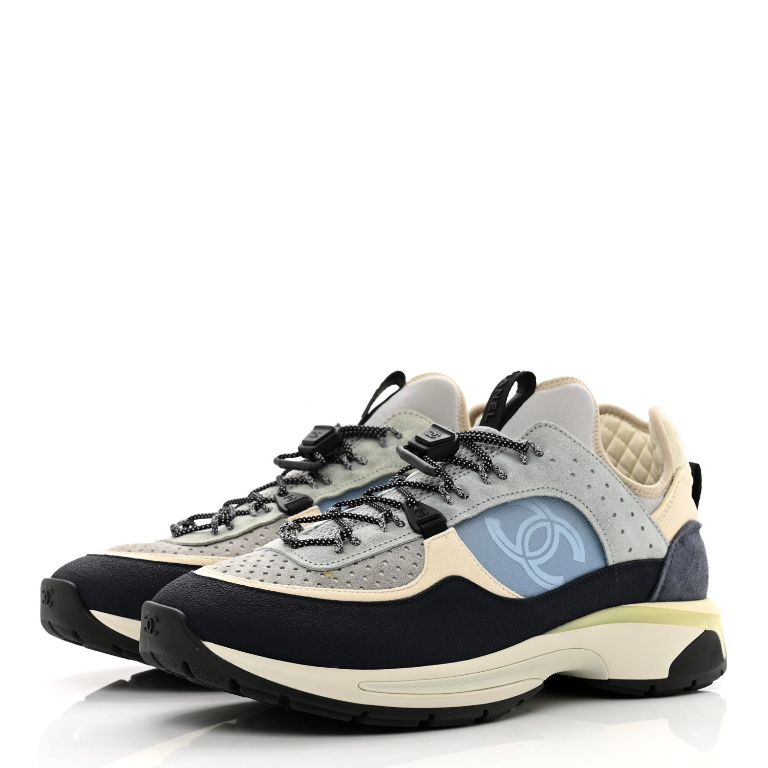 Chanel Fabric Suede Calfskin Mesh Womens CC Sneakers 43 Black Blue Ivory 3 of 11