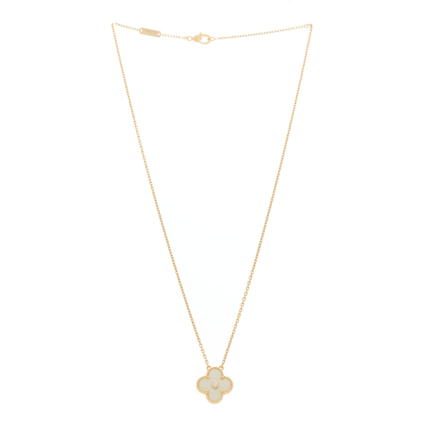 18K Yellow Gold Diamond Yellow Mother of Pearl Vintage Alhambra Pendant Necklace