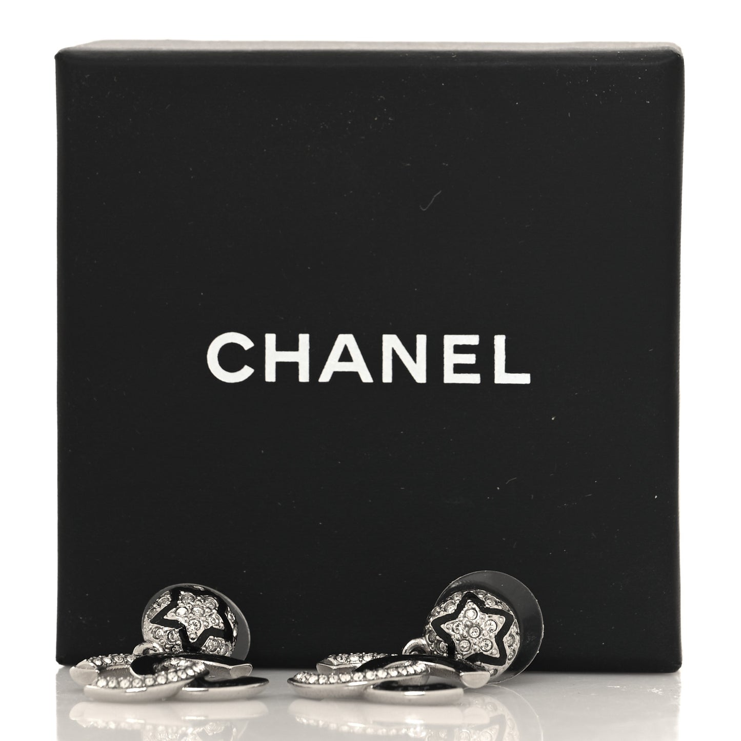 Crystal Enamel CC Star Drop Earrings Silver Black