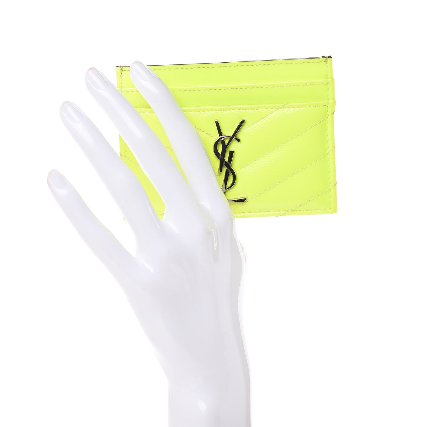 Patent Grain De Poudre Matelasse Chevron Monogram Credit Card Case Neon Yellow