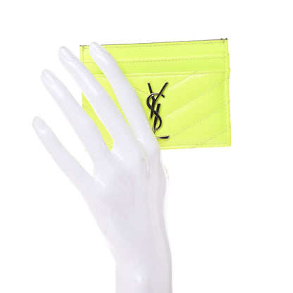 Saint Laurent Patent Grain De Poudre Matelasse Chevron Monogram Credit Card Case Neon Yellow 2 of 7