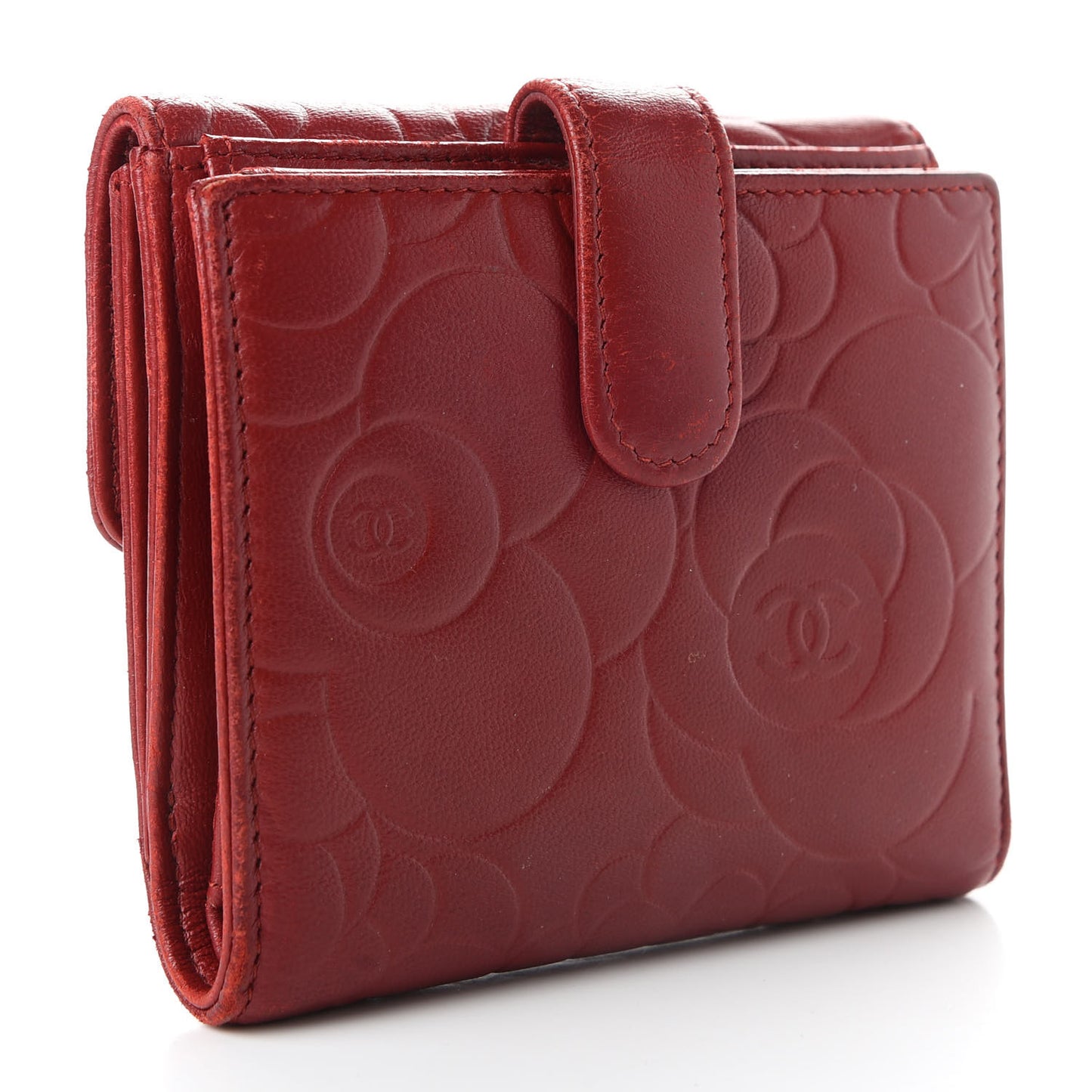 Lambskin Camellia Embossed French Wallet Red