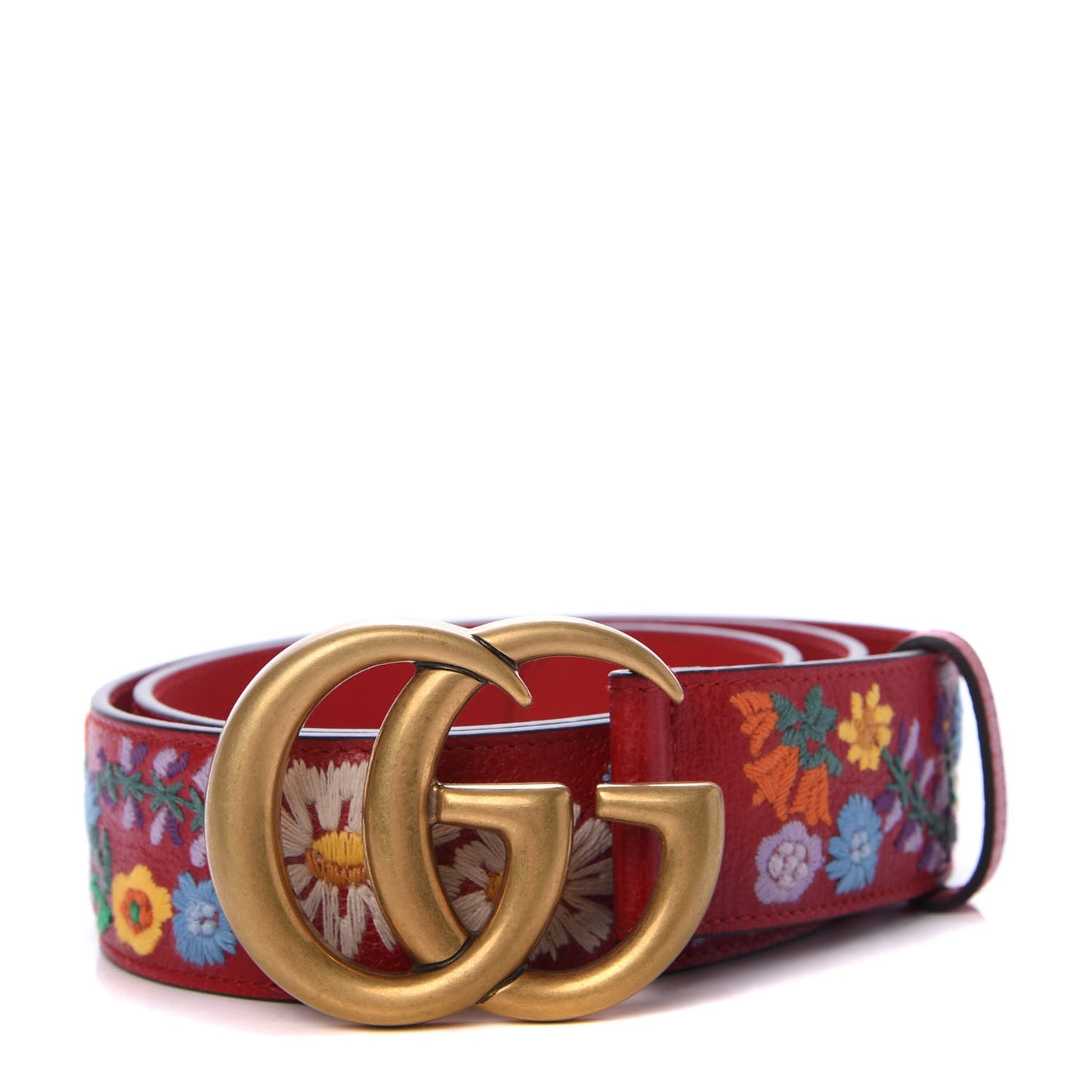 Textured Calfskin Flower Embroidered Double G 40mm Belt 90 36 Hibiscus Red