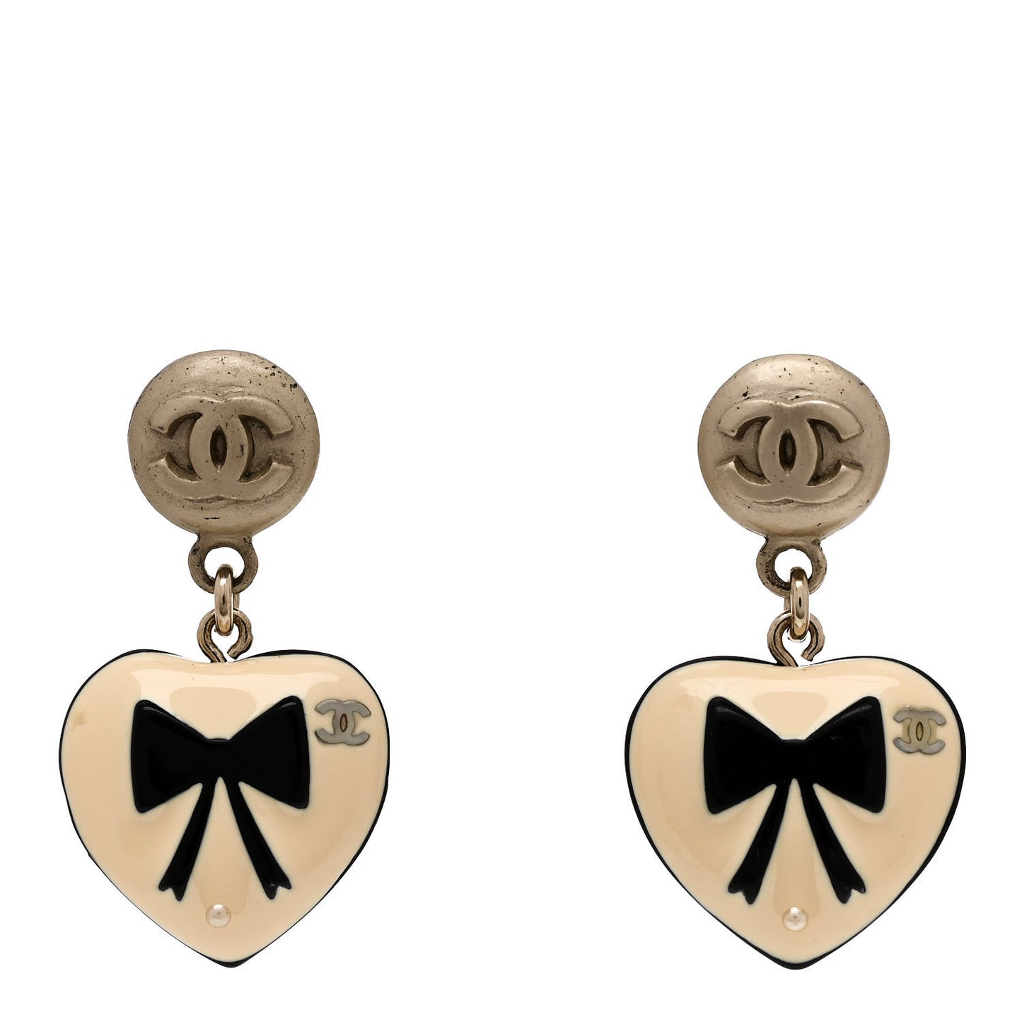 Pearl CC Heart Drop Earrings Gold