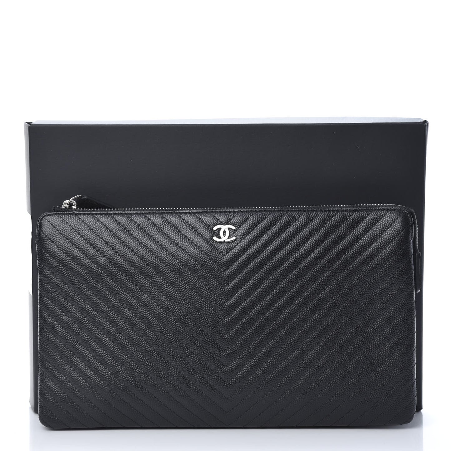 Caviar Chevron Quilted Large Zipped Clutch Black
