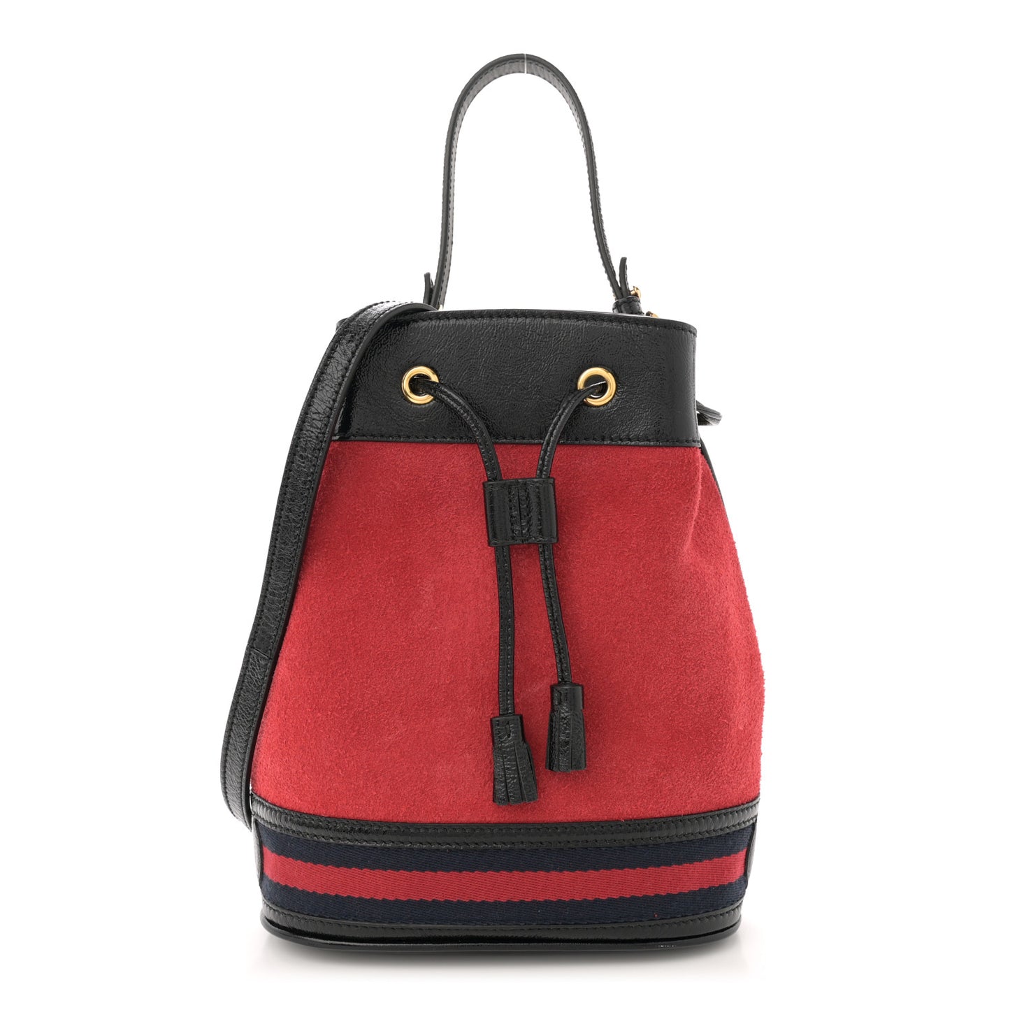 Suede Patent Web Small Ophidia Bucket Bag Hibiscus Red Black