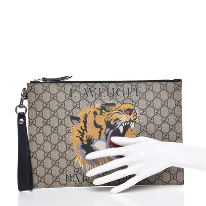 Gucci GG Supreme Monogram Tiger Zip Wristlet Pouch Beige 2 of 6