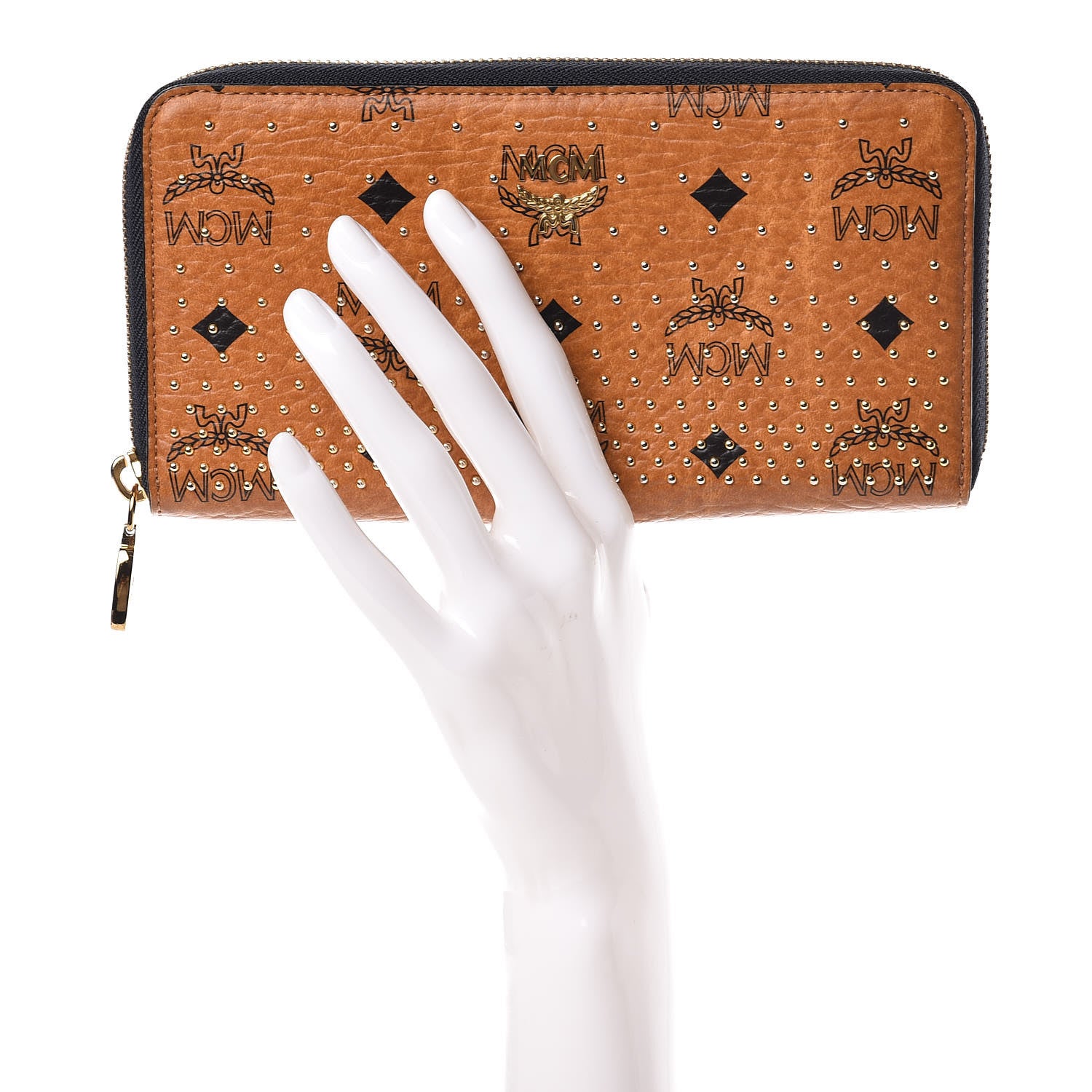 MCM Visetos Studded Large Zip Around Wallet Cognac 2 of 6