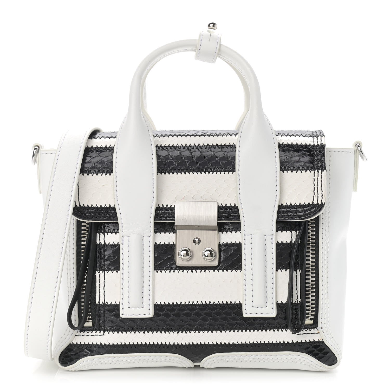 3.1 Phillip Lim Snakeskin Calfskin Mini Pashli Satchel Black White 1 of 13
