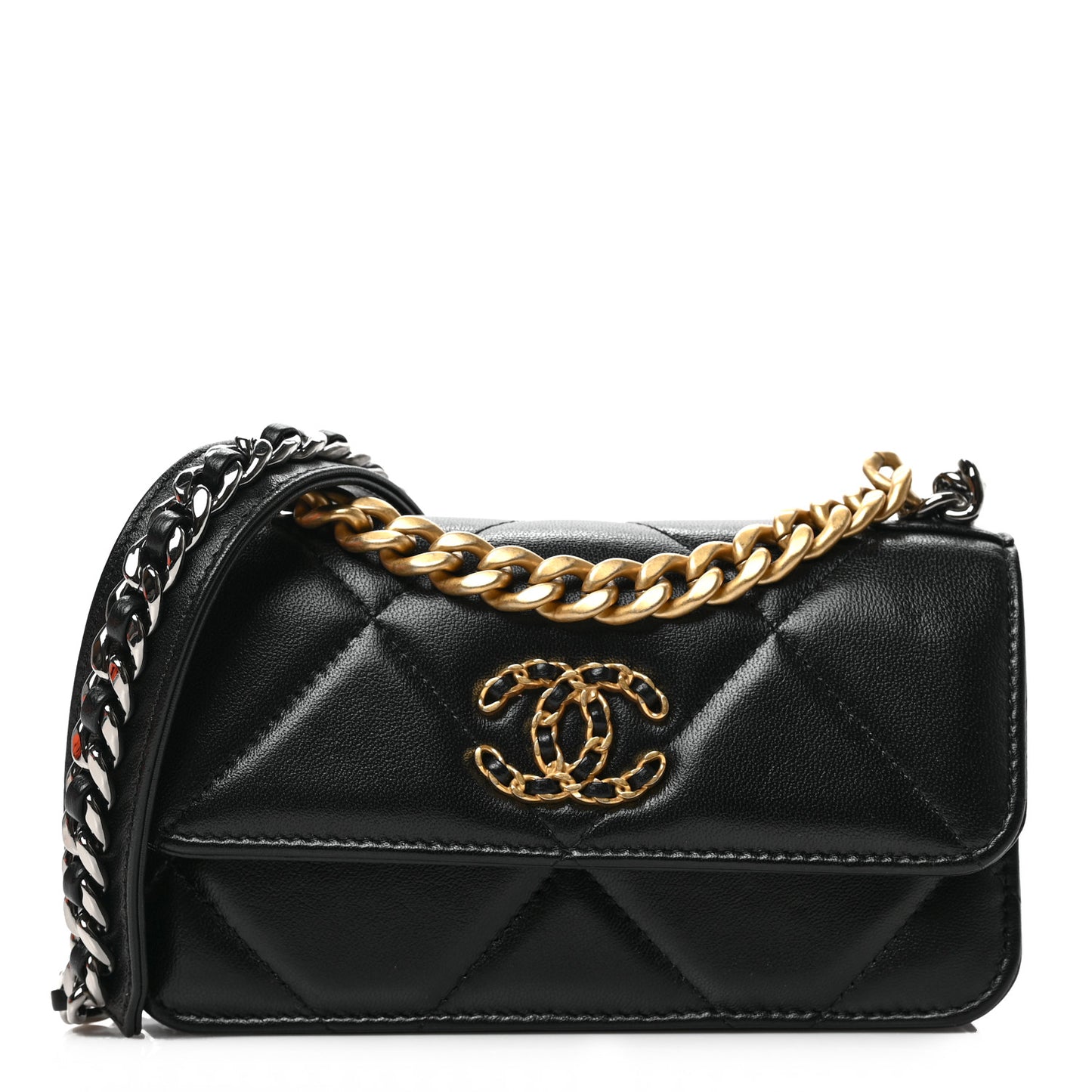 Lambskin Quilted Chanel 19 Flap Phone Holder With Chain Black
