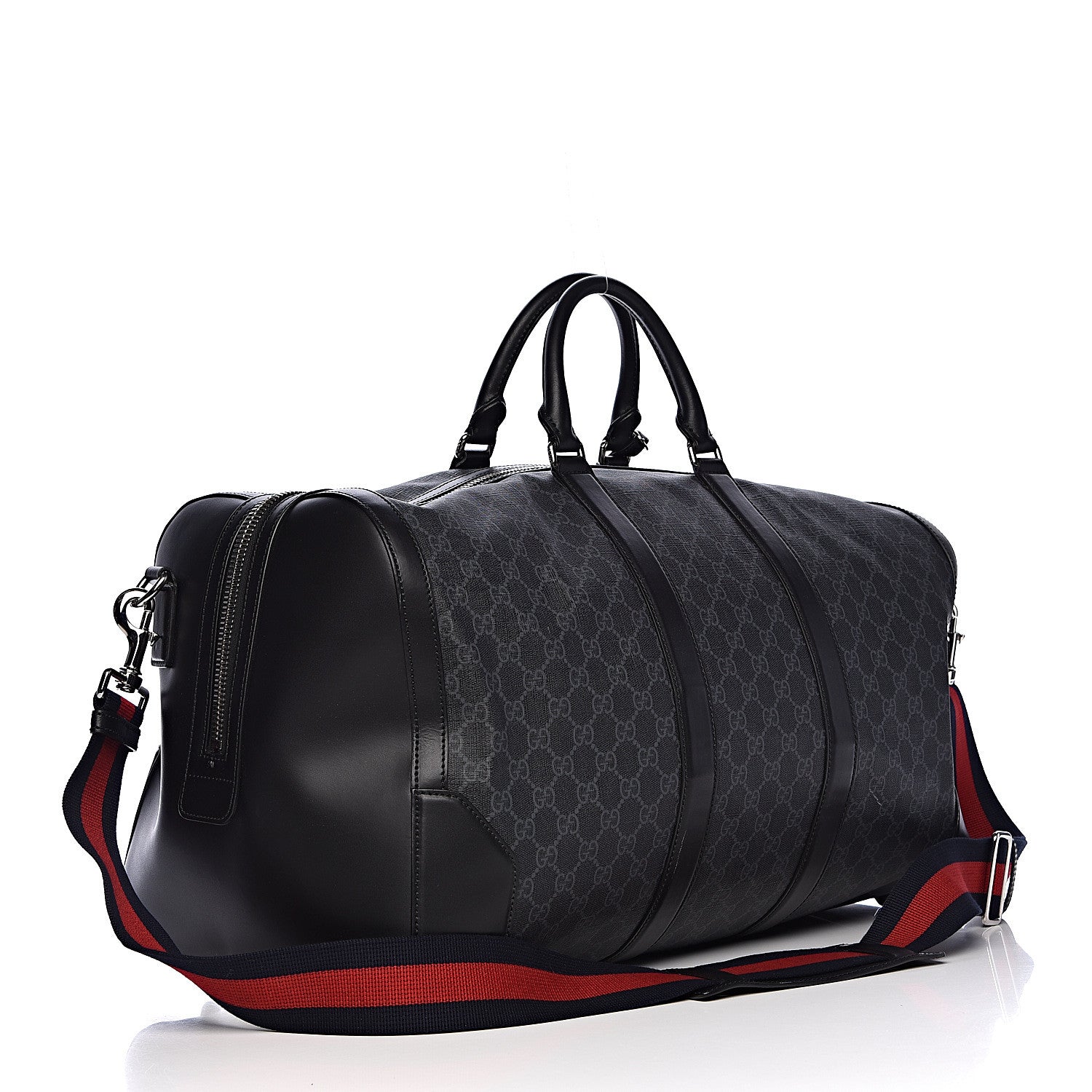 Gucci Soft GG Supreme Monogram Appia Calfskin Web Large Carry On Duffle Bag Black Grey 3 of 17