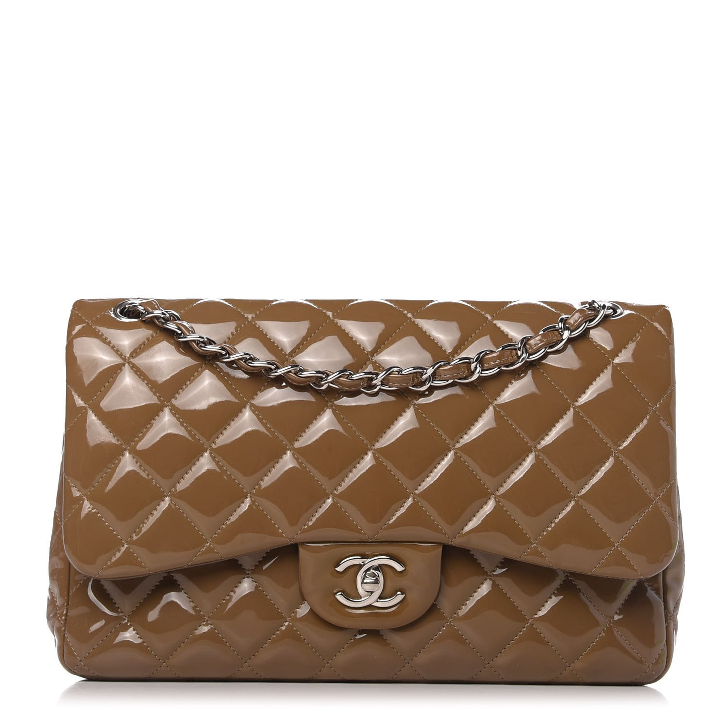 Patent Quilted Jumbo Double Flap Dark Beige