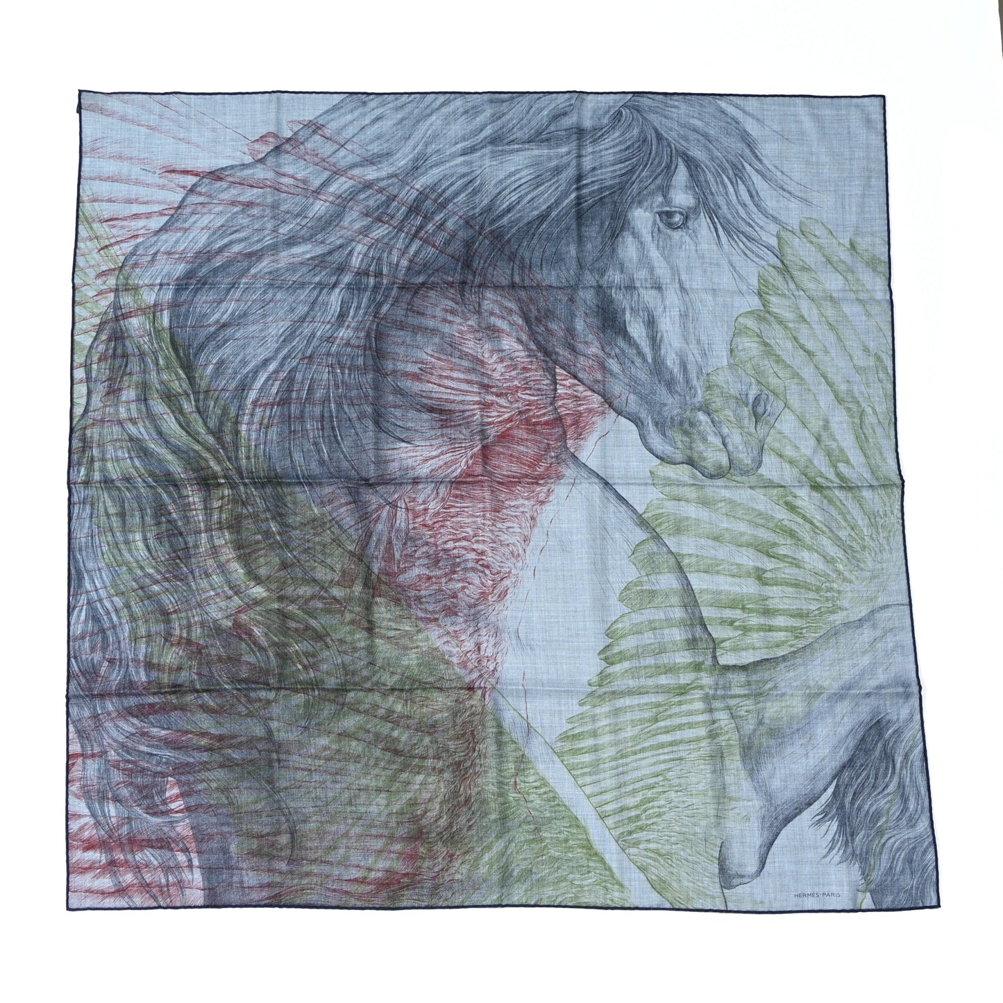 Cashmere Silk Les Ailes De Pegase Scarf 100 Bleu Chine Marine Vert