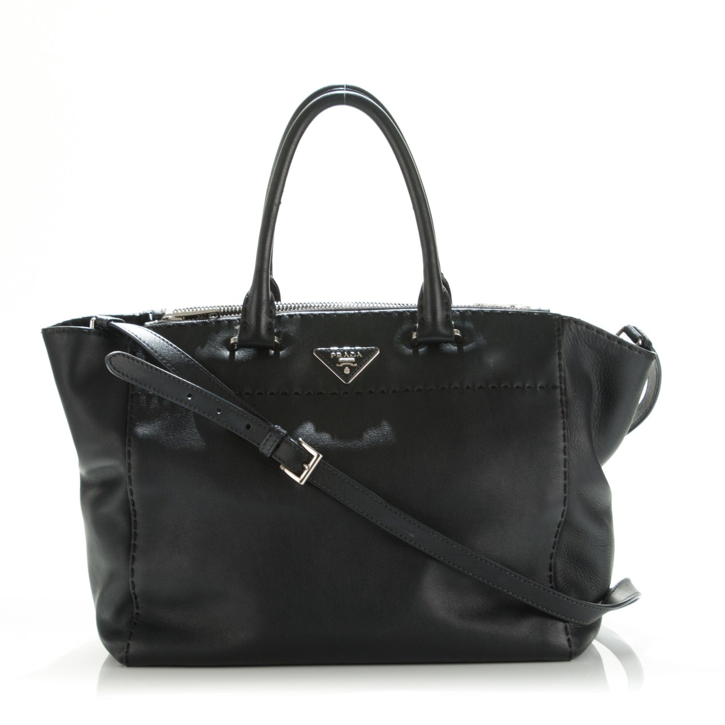 City Calf Hand-Stitched Galleria Double Zip Tote Black