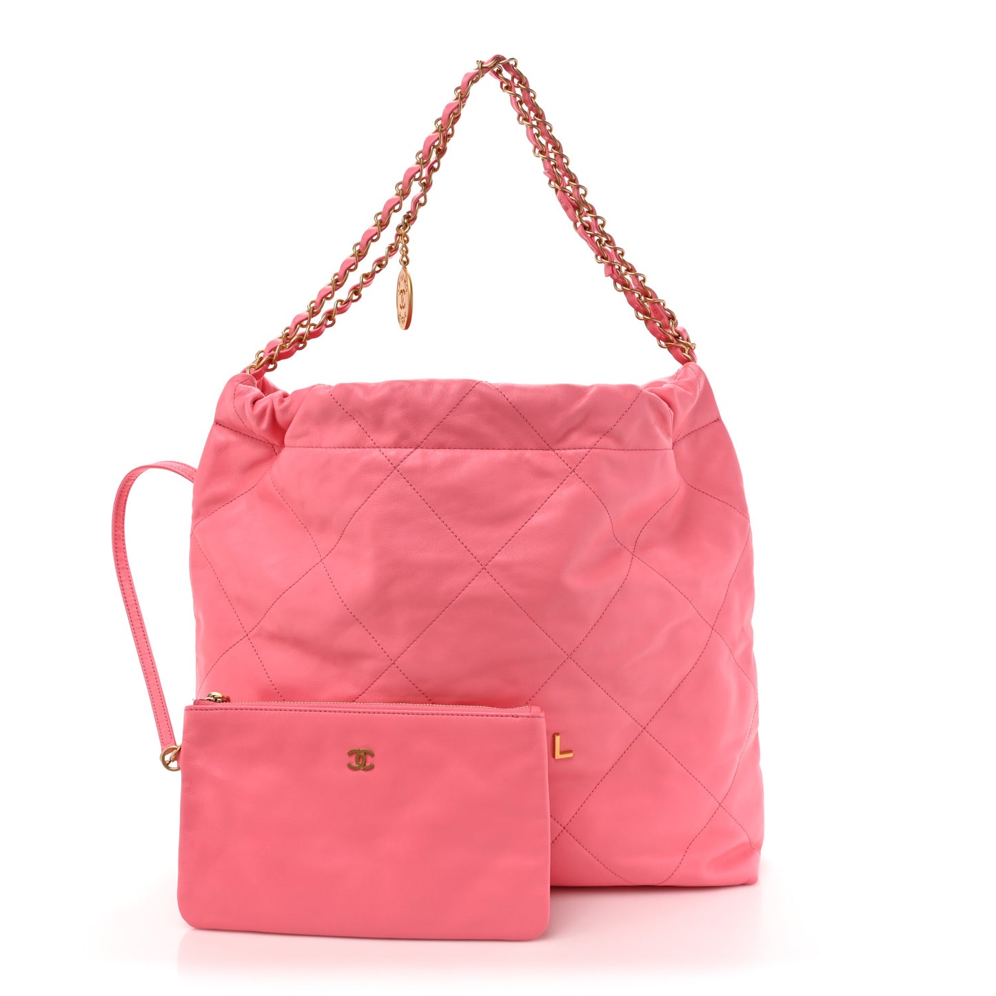 Shiny Calfskin Quilted Chanel 22 Drawstring Bag Coral Pink