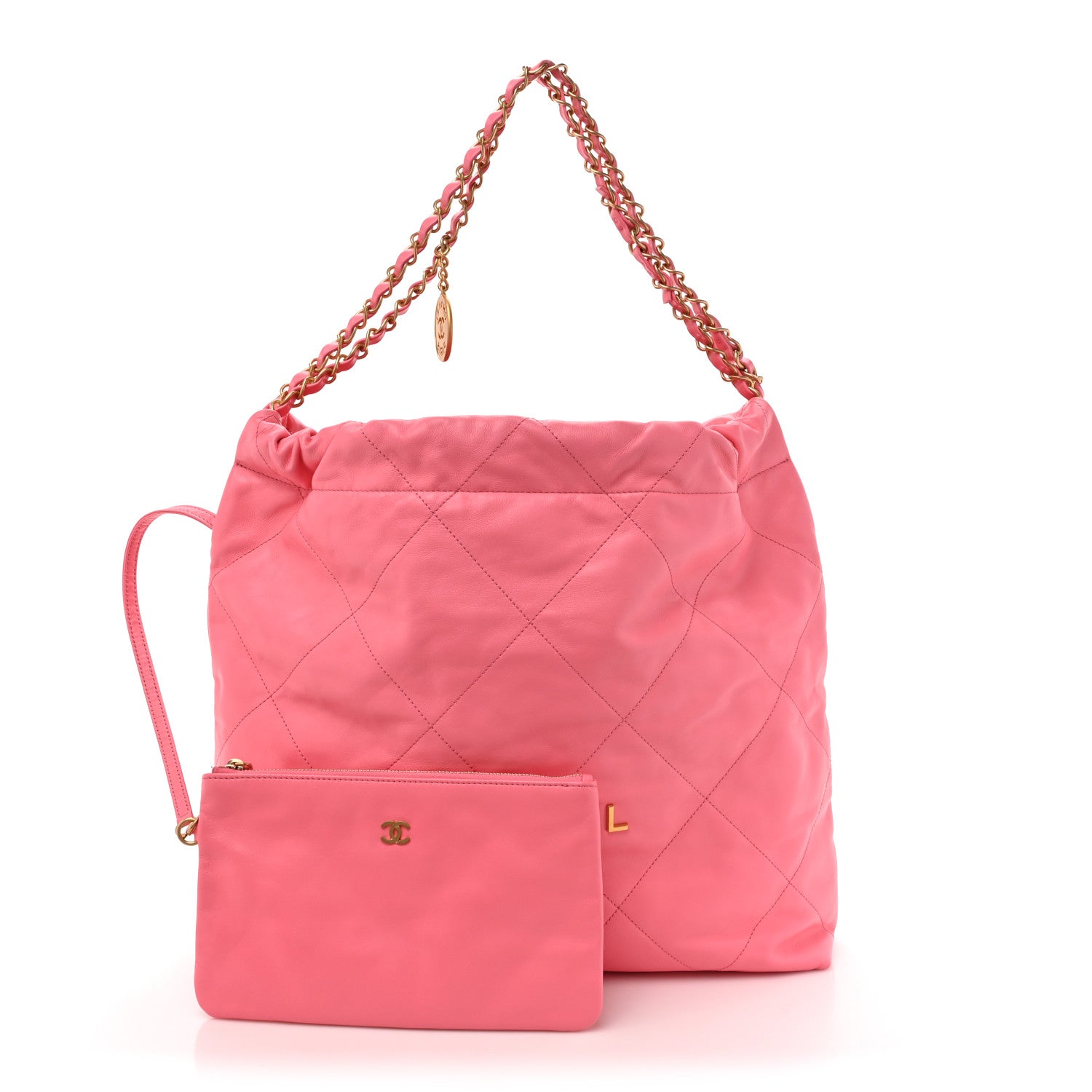 Chanel Shiny Calfskin Quilted Chanel 22 Drawstring Bag Coral Pink 3 of 12