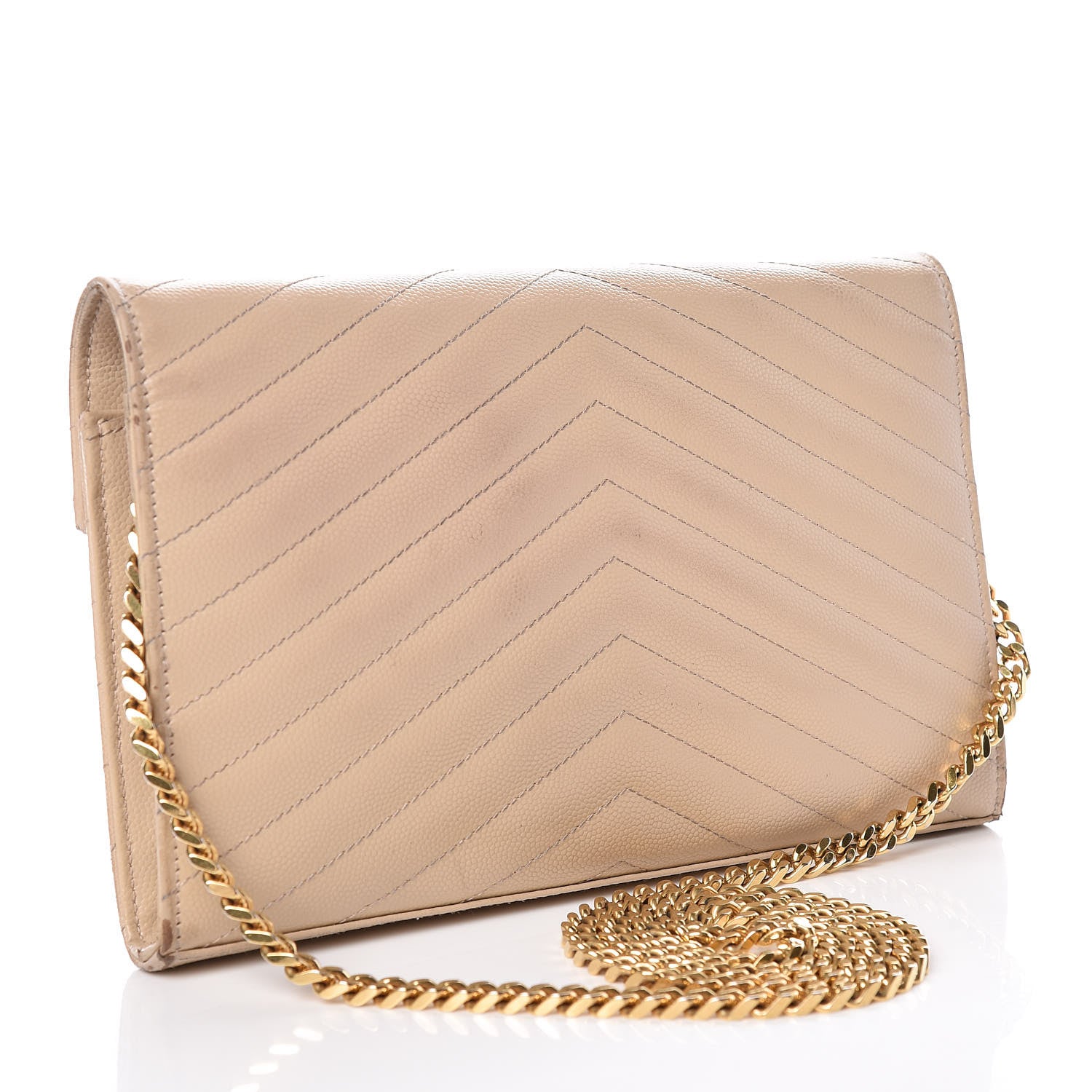 Saint Laurent Grain De Poudre Matelasse Chevron Monogram Chain Wallet Deep Beige 3 of 21