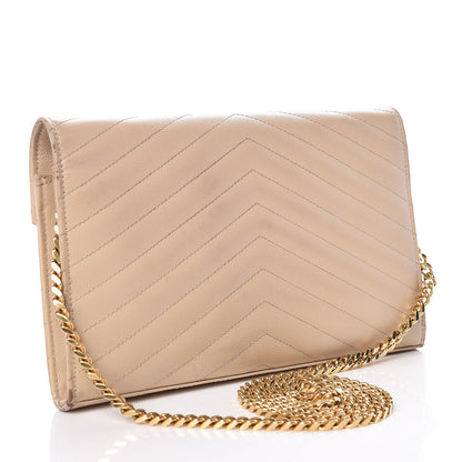 Saint Laurent Grain De Poudre Matelasse Chevron Monogram Chain Wallet Deep Beige 3 of 21