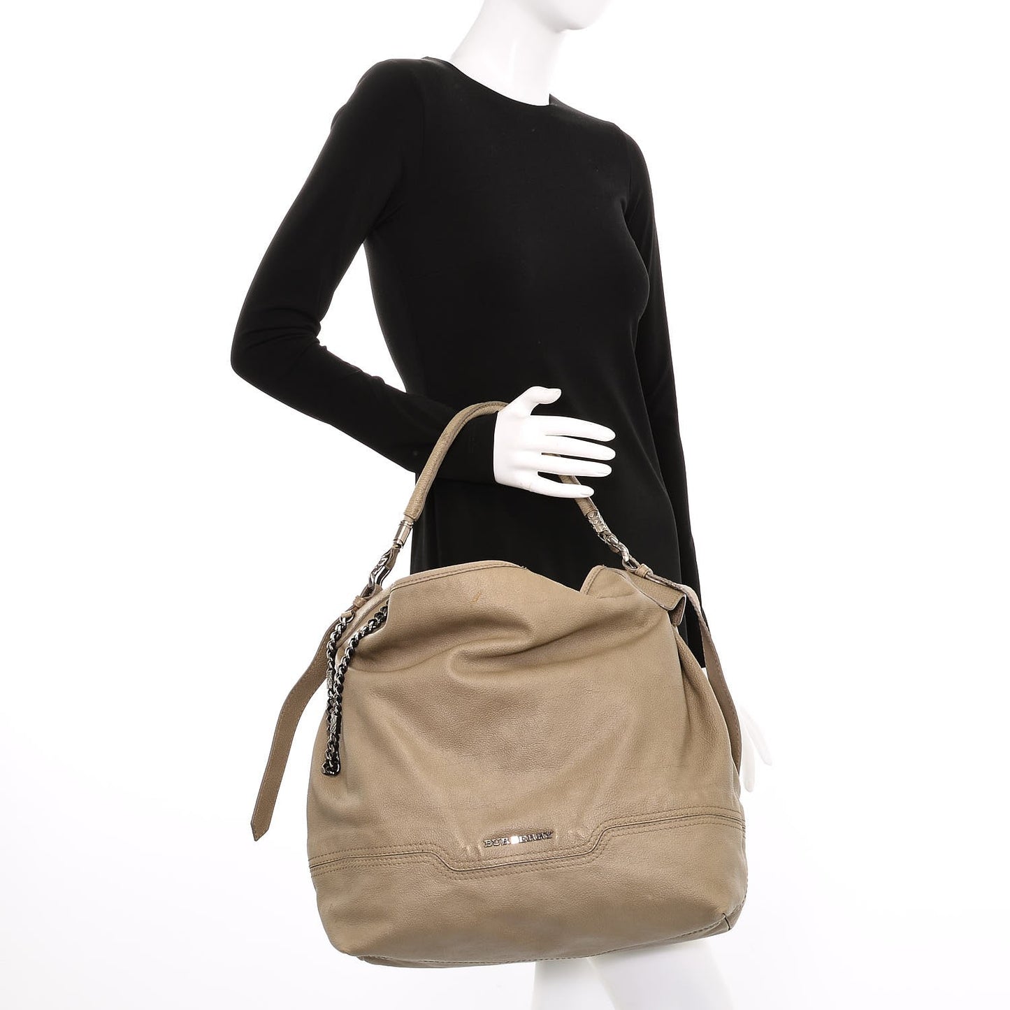 Grainy Calfskin Chain Hobo Taupe