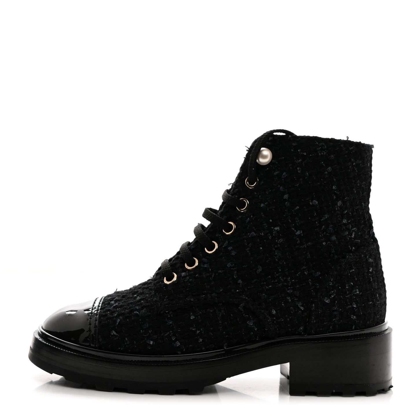 Tweed Patent Calfskin Pearl Combat Short Boots 36.5 Black Grey Blue