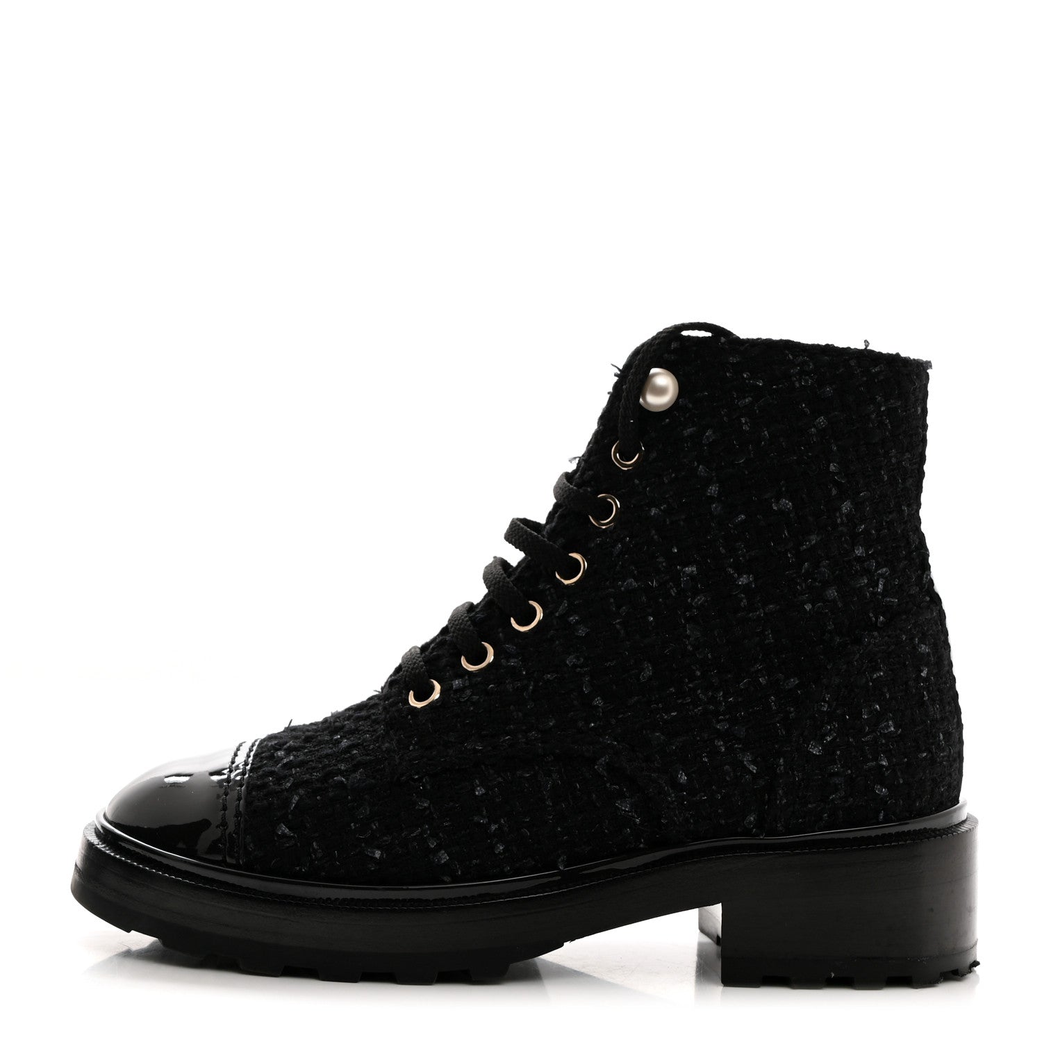 Chanel Tweed Patent Calfskin Pearl Combat Short Boots 36.5 Black Grey Blue 1 of 9